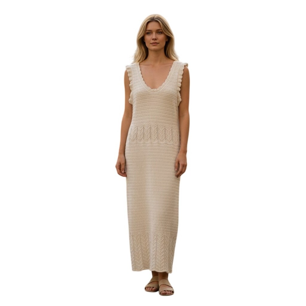 Cream Cotton Crochet Sleeveless Scoop Neck Scalloped Maxi Dress Pointelle Knit